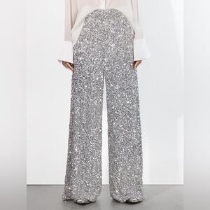 NWT Alice + Olivia Silver Sequin Wide Leg Pants High Rise Glam Party Size 8